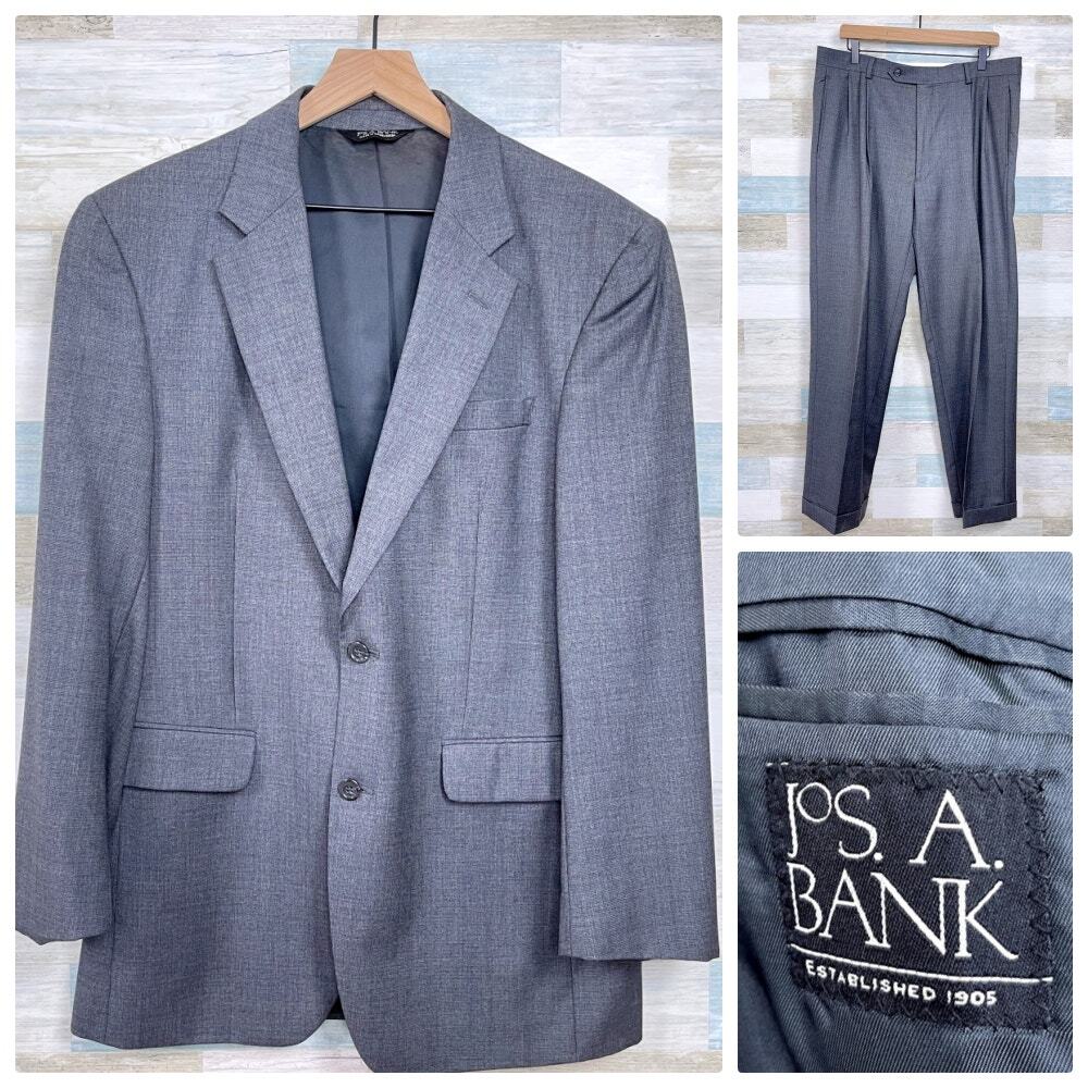 Jos A Bank Wool Nailhead Suit Gray Mens Two Button 41L Jacket 35L Pleated Pants